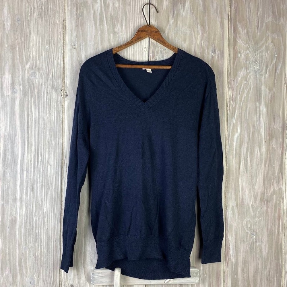 J Crew V Neck Linen Blend Long Sleeve Sweater‎ Navy Blue Men's Sz M Basic Staple